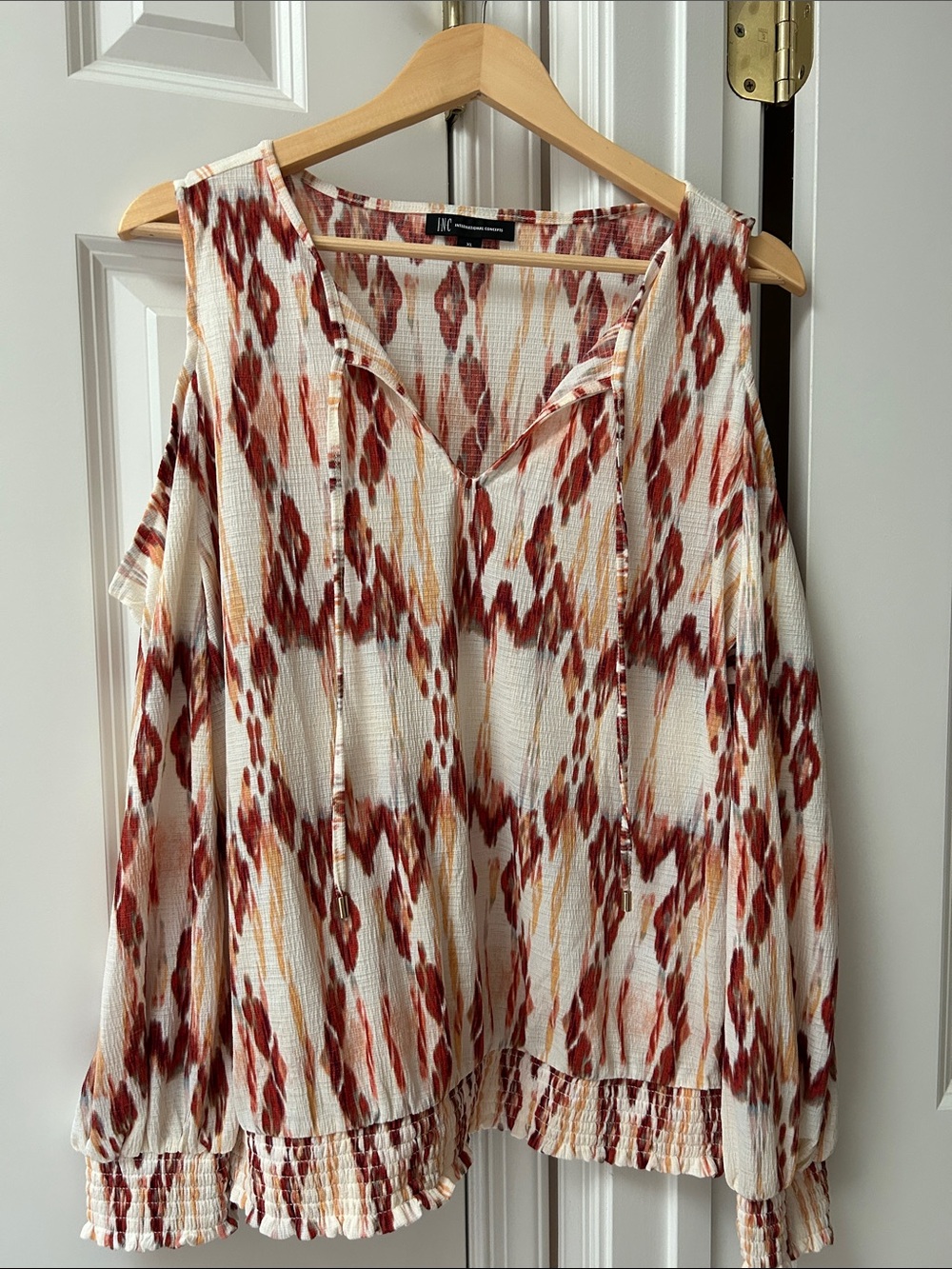 INC International Concepts Cream, Rust & Tan Cold-Shoulder Tunic Top